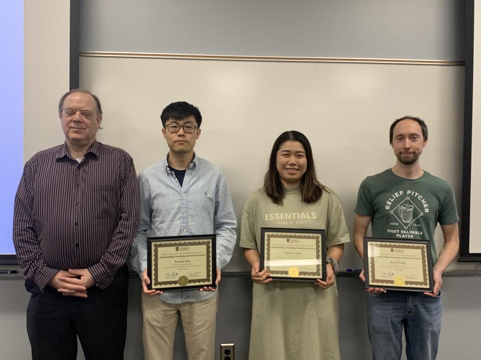 2023 STAT Outstanding Teaching Award Winners; l to r: Jaxk Reeves (Graduate Coordinator), KaiWen (Kevin) Han, Shiyuan Deng, Ryan Sledge