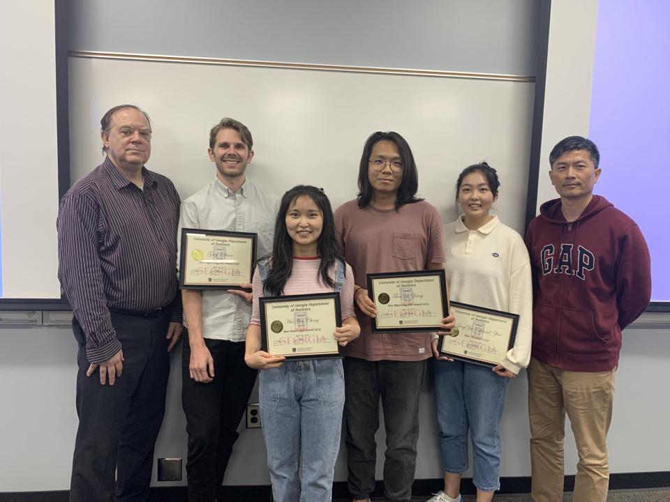 2023 STAT Outstanding Student Award Winners; l to r: Jaxk Reeves (Graduate Coordinator), Greg Ellison, HuiMin Cheng, TianYi Zhang, LingYu (Lana) Zhao, Liang Liu (Graduate Coordinator)